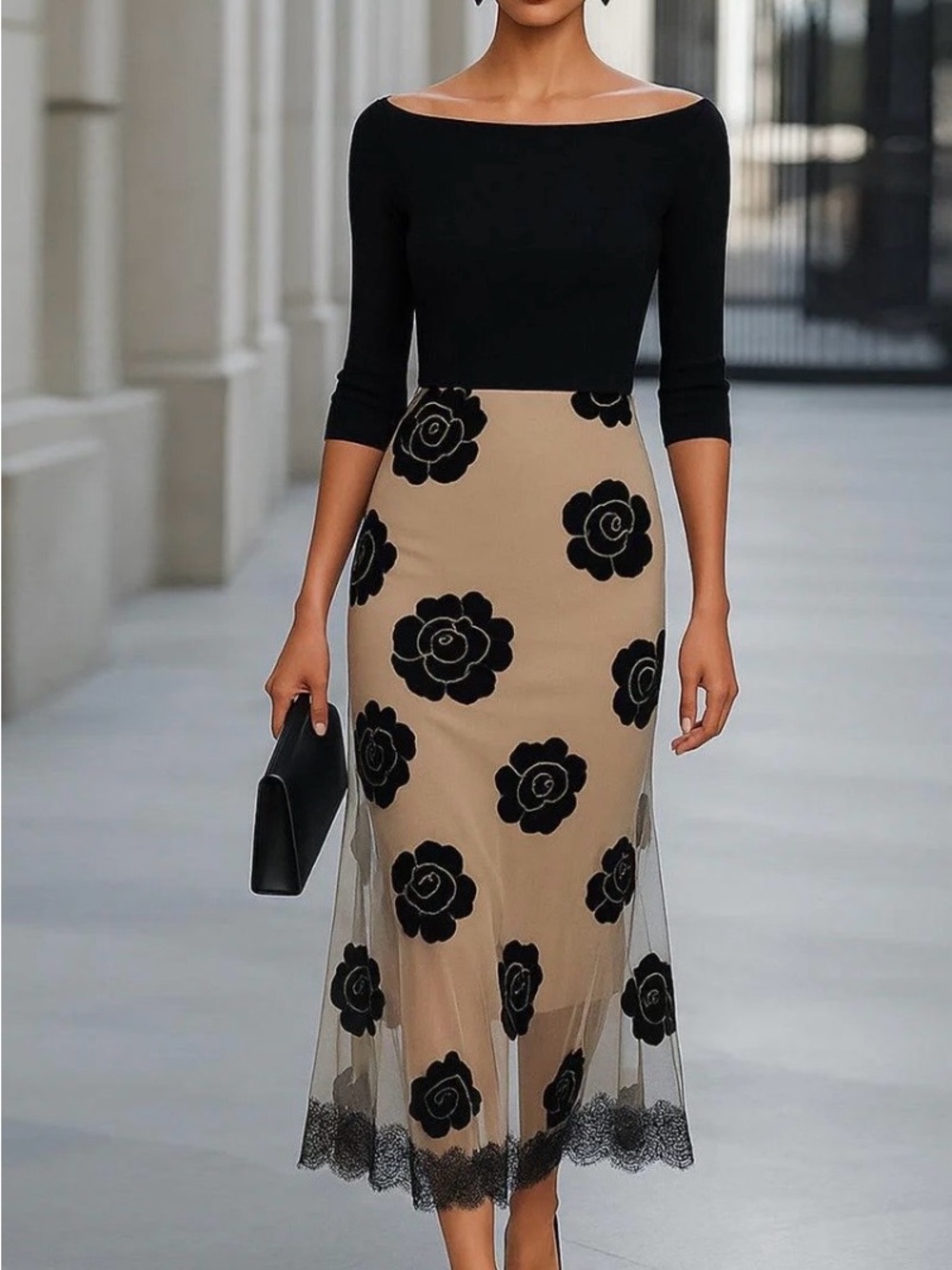 Black & Tan Floral Mesh Midi Skirt